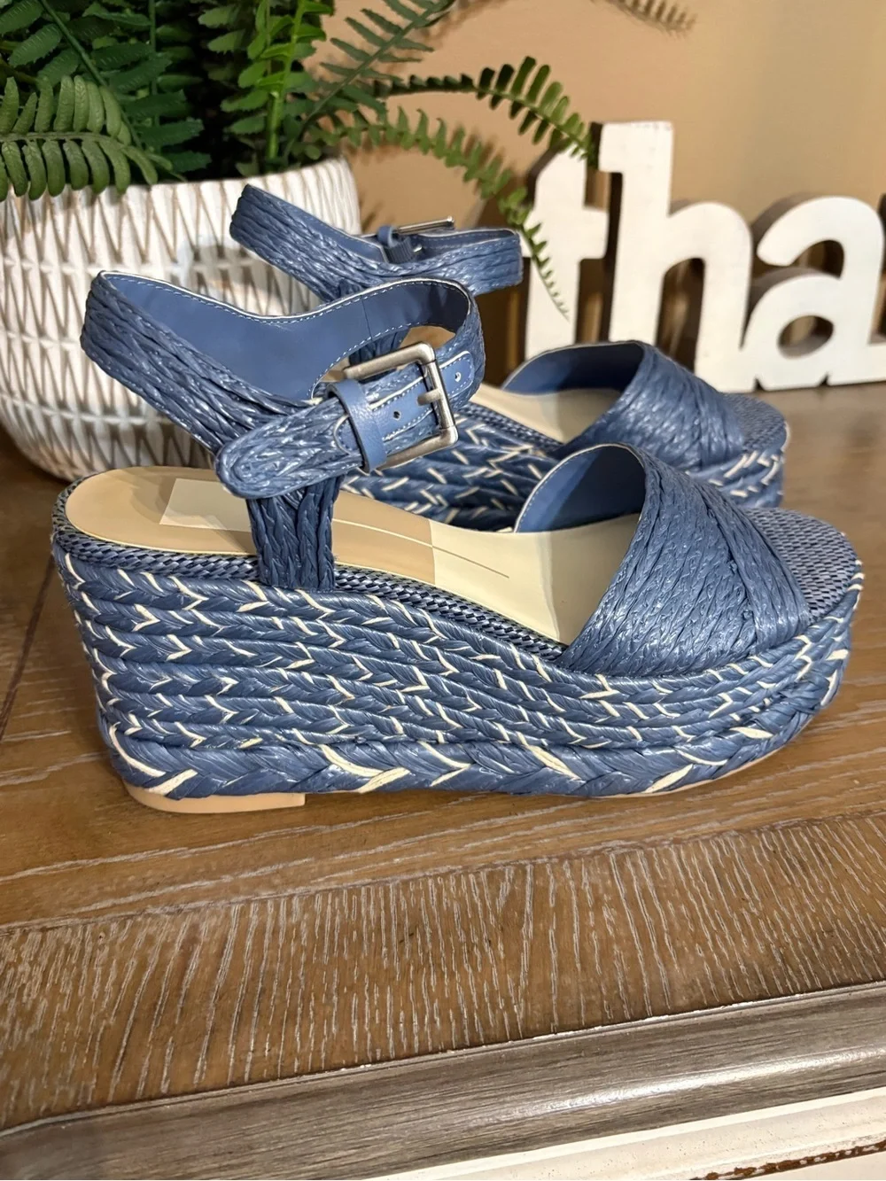 DOLCE VITA women's tiago platform raffia sandals in blue Size 7